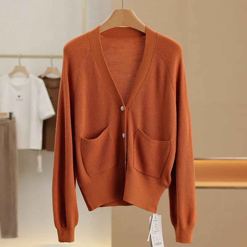 Xking [Di] Эластичный и удобный шерстяной однотонный вязаный кардиган ~ 2024 осенняя
