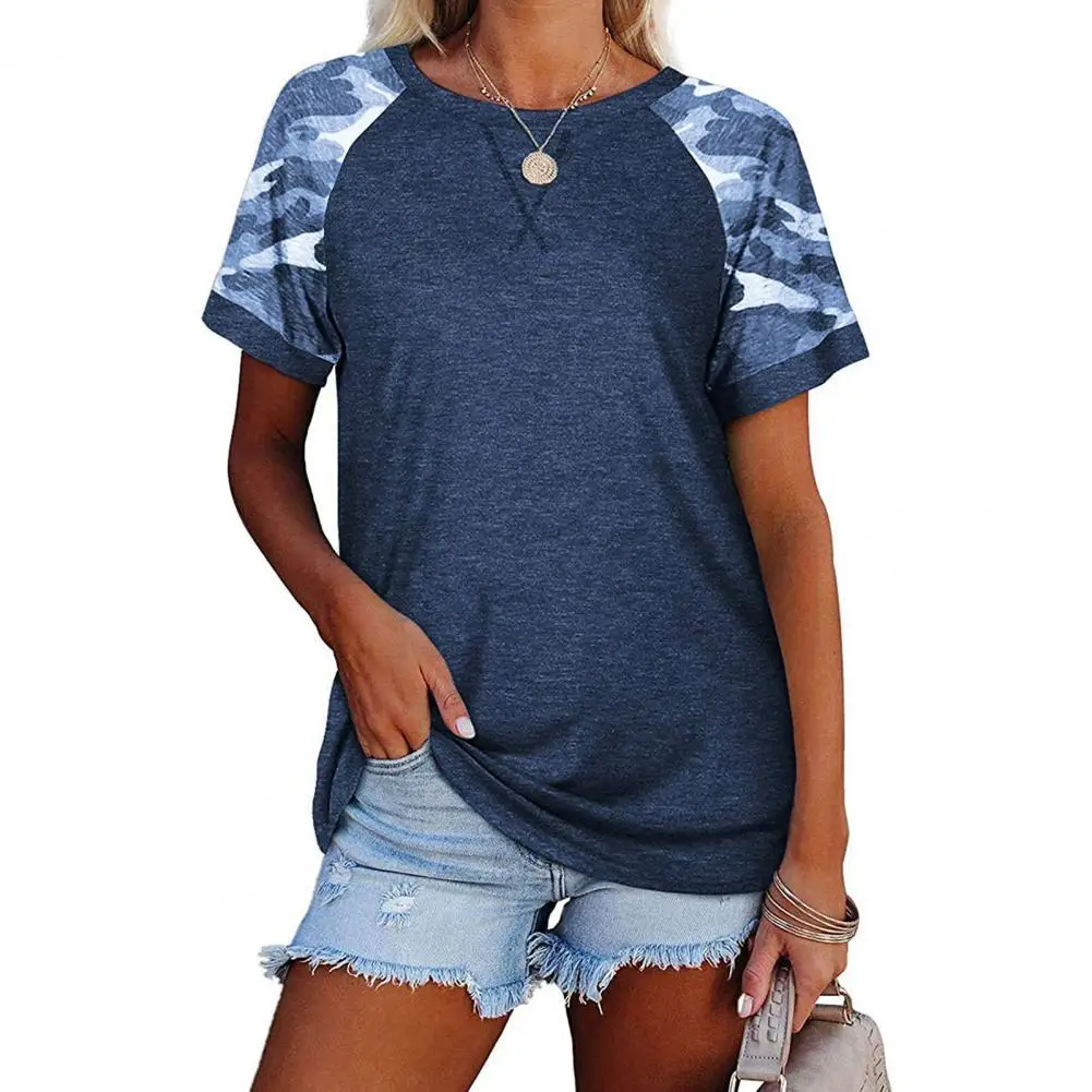 

Camouflage Splicing Casual Blouse Short Sleeve Women T-shirt Lightweight Summer T-shirt Round Neck Loose Top Streetwear