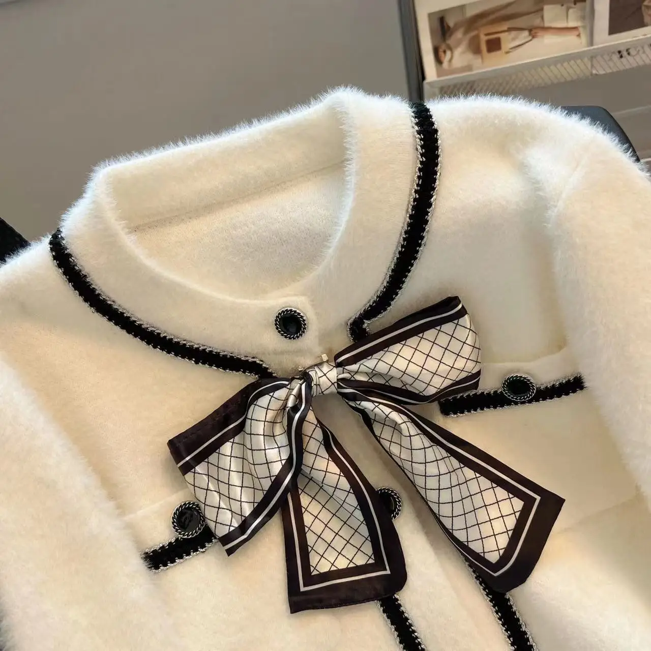 Белый норковый вязаный кардиган свитер женские пальто топы с галстуком-бабочкой