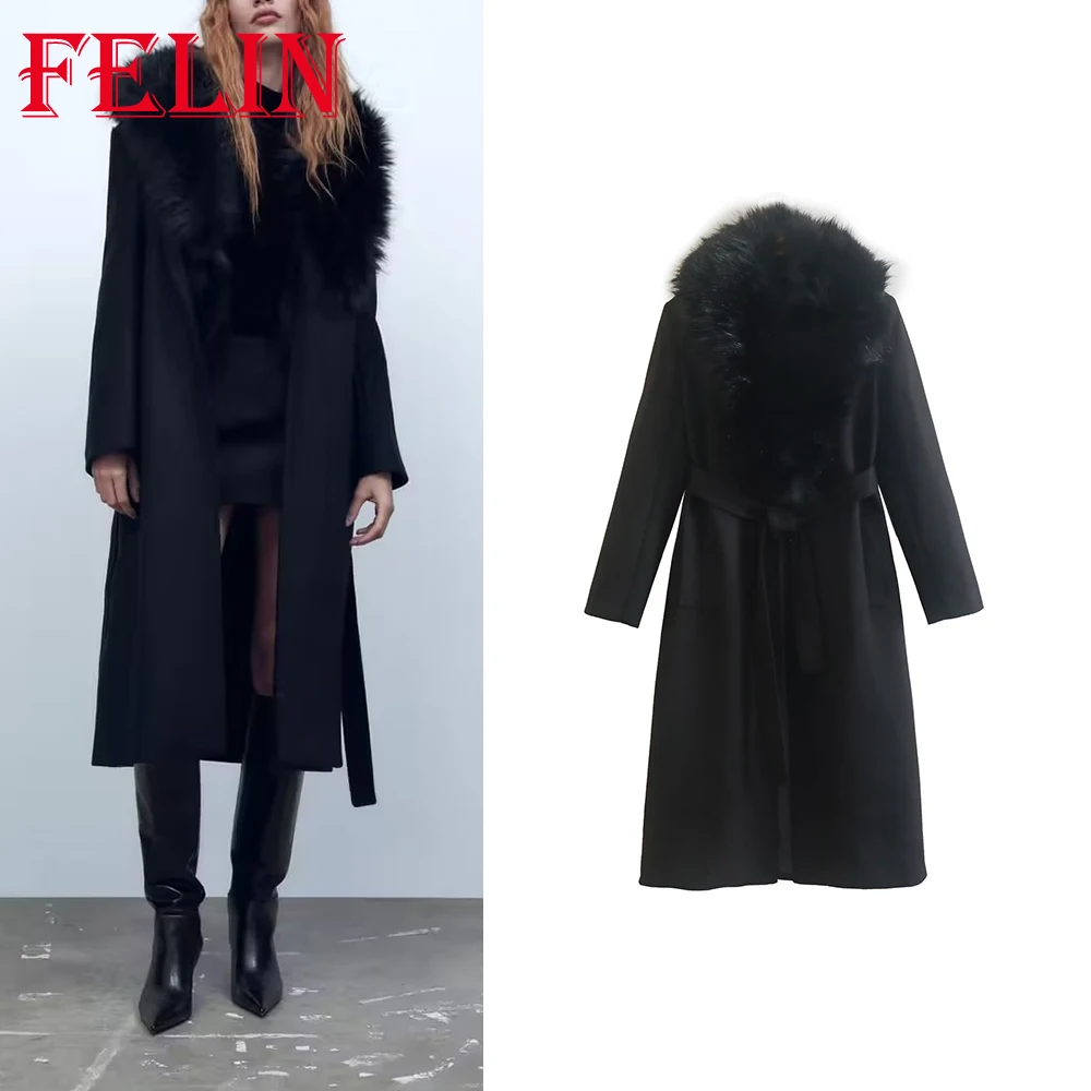 

TRAF 2023 Spring Solid Women Vintage Jackets Belt Loose Long Woolen Black Coats Casual Elegant Fashion Long Blending Thick Coat