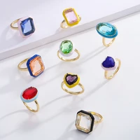 14k gold inlaid with colored gemstones ring for women geometric heart enamel luxury jewelry gift for girl