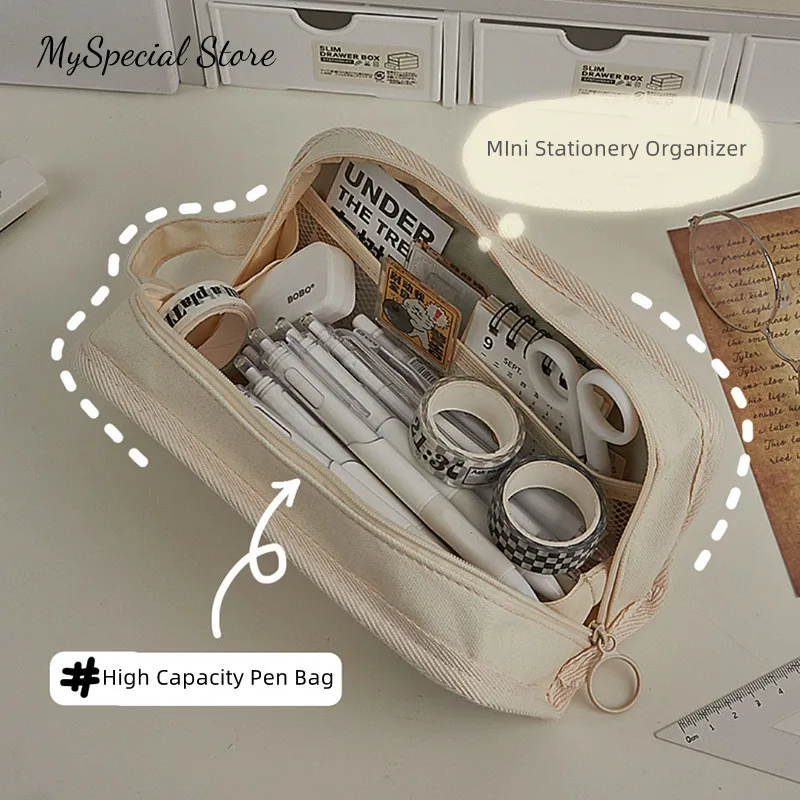 Case Solid Color White Black Canvas Pencil Bag High Capacity