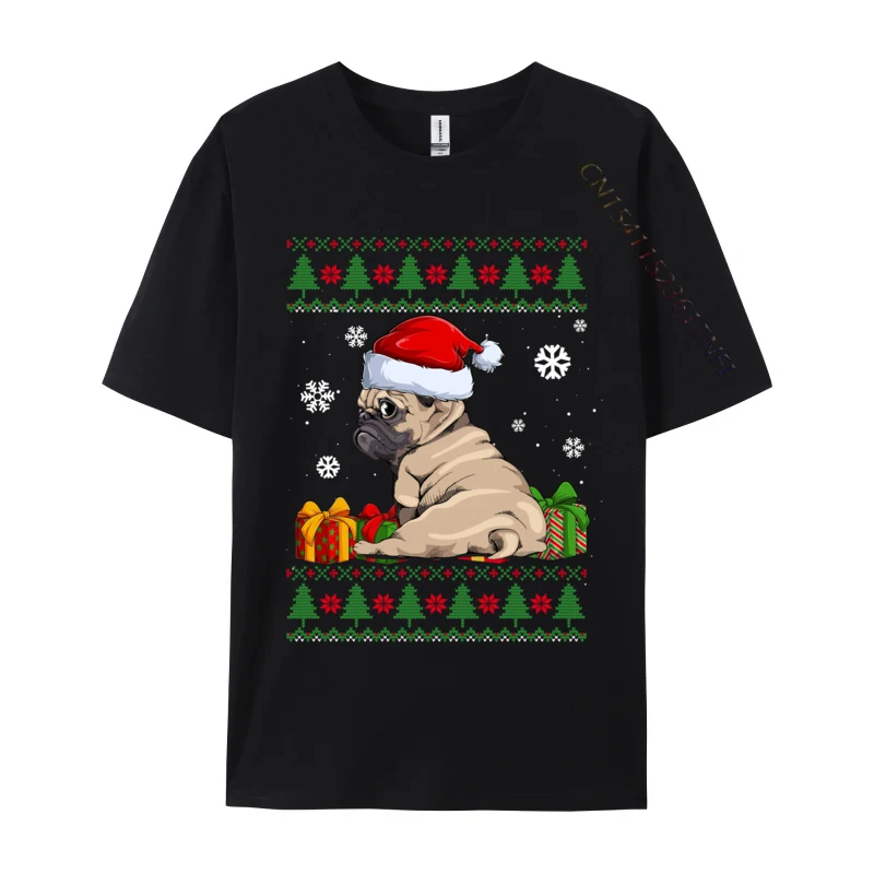 Funny Dog Lovers Cute Pug Santa Hat Ugly Christmas Sweater T-Shirts Top Novelty Company Cotton Tops &amp Tees Slim Fit