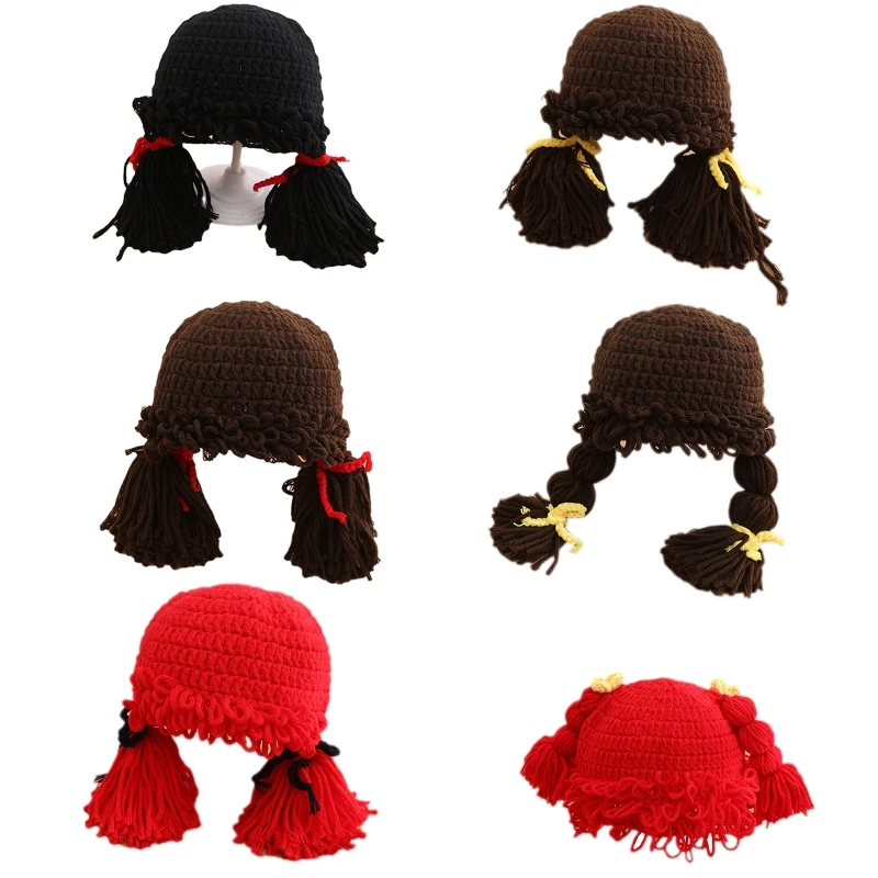 

Handmade Lovely Woolen Hat Kids Beanie Hat for w/Braids for Family Gatherin