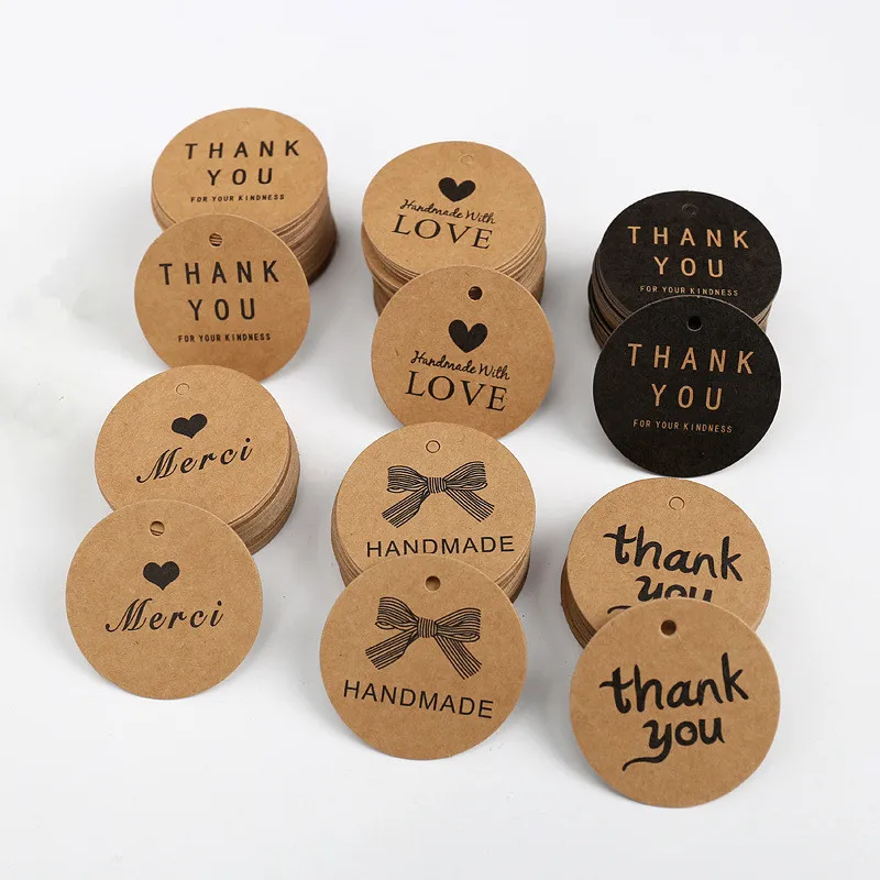 

200pcs 4cm Round Card Kraft Paper Tags Thank You Merci Love Print Tag Labels Handmade Product Garment Shoes Hang Tag Accessories