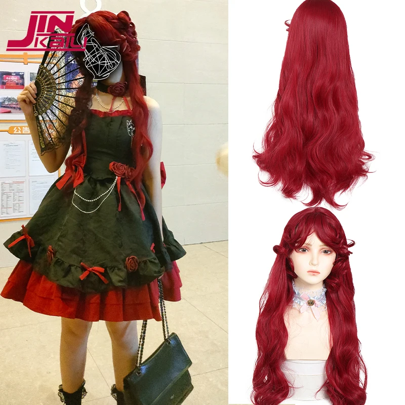 

JINKAILI 28inch Synthetic Long Wavy Cosplay Wig With Bangs Red Cute Lolita Wig Women Cosplay Wigs High Heat-resistant Fiber