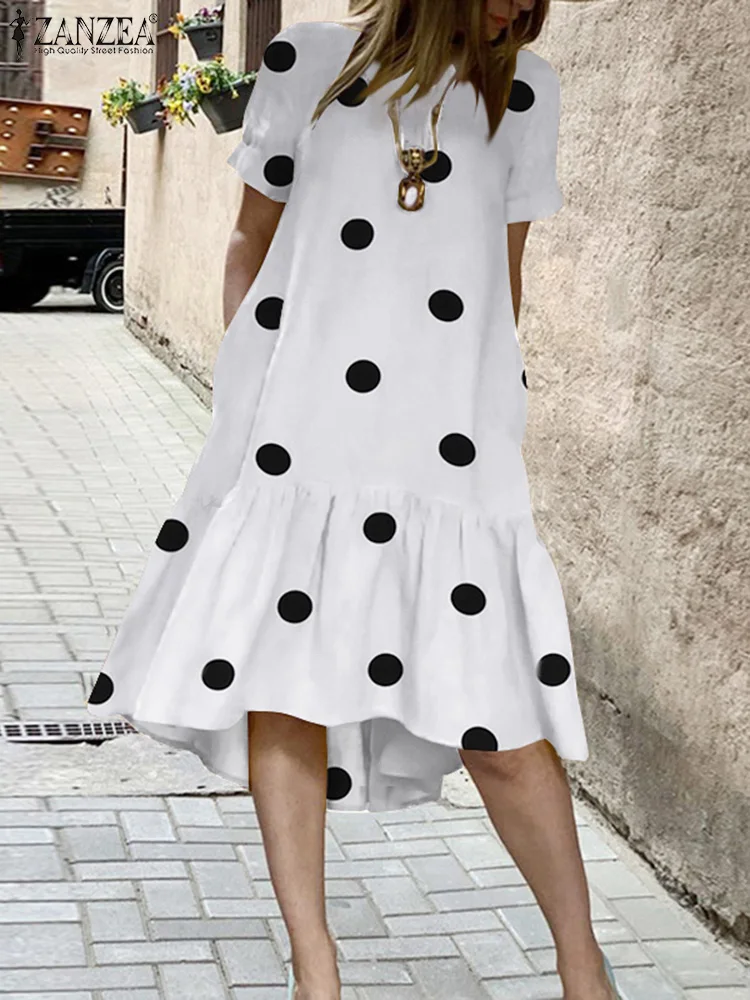 

Women's Casual Holiday Dresses 2022 Fashion Beach Short Sleeve Robe Summer Irregular Knee Dress ZANZEA Elegant Polka Dot Vestido