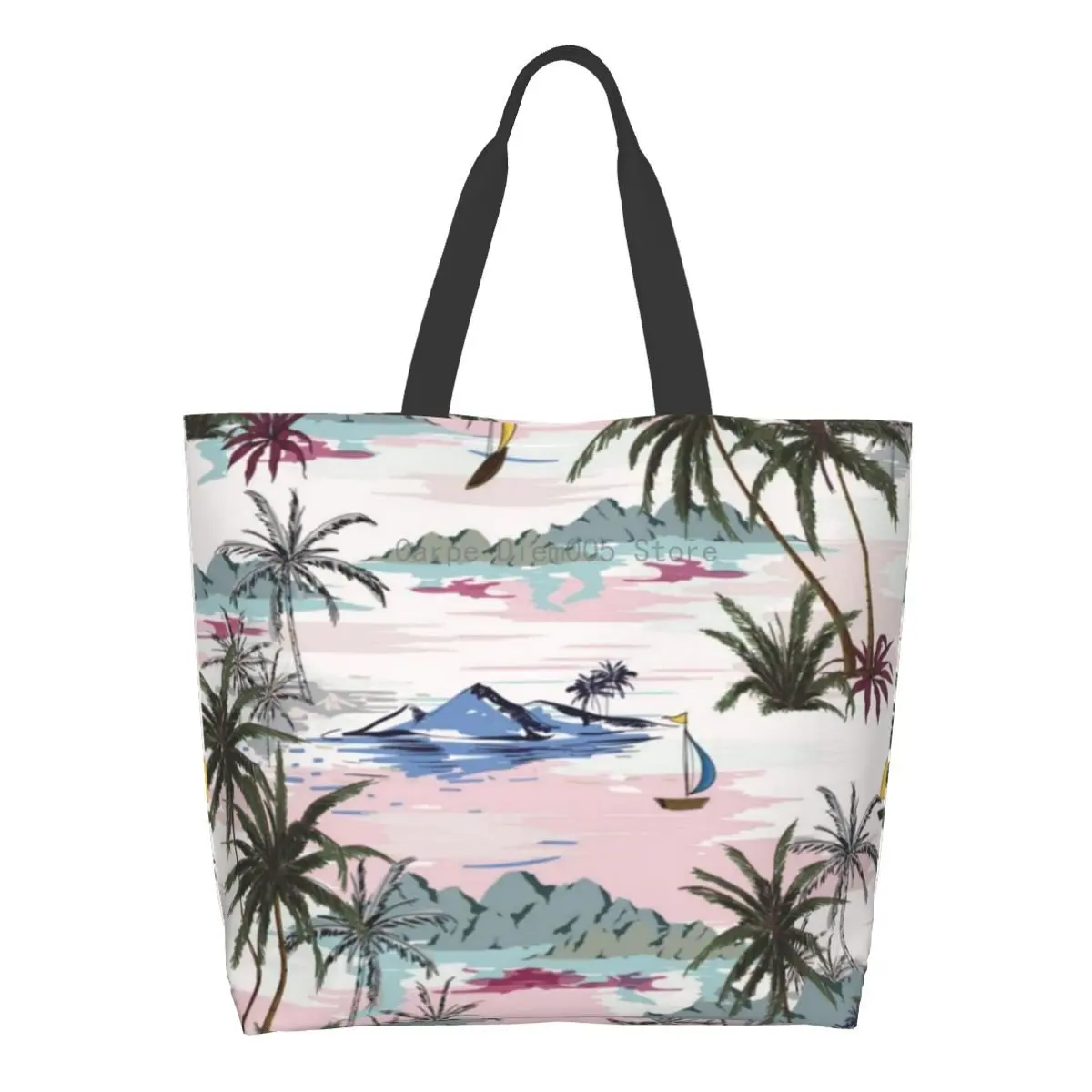 

Women Shoulder Bag Palm Tree Island And Sailboat Large Capacity Shopping Grocery Tote Bag For Ladies