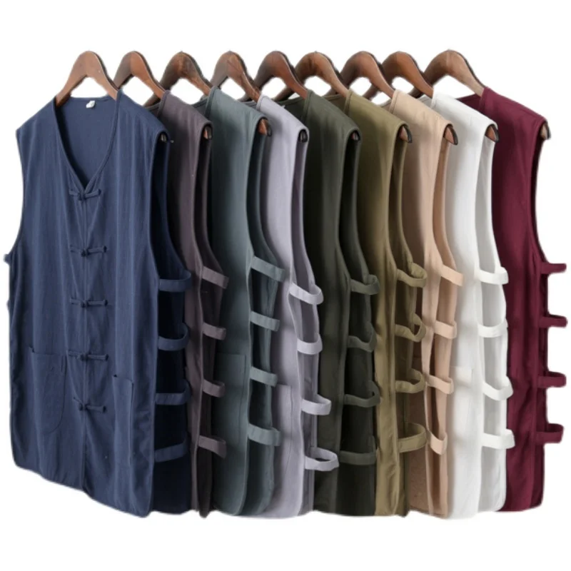 Жилет мужской из хлопка и льна льняная нижняя рубашка без рукавов на пуговицах в