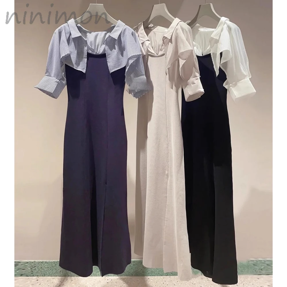 

NINIMON Mermaid Dress Cascading Ruffle Shirt Patchwork Knit Slit Dress Clashing Colours Knitted Long Dresses Elegant Office Wome