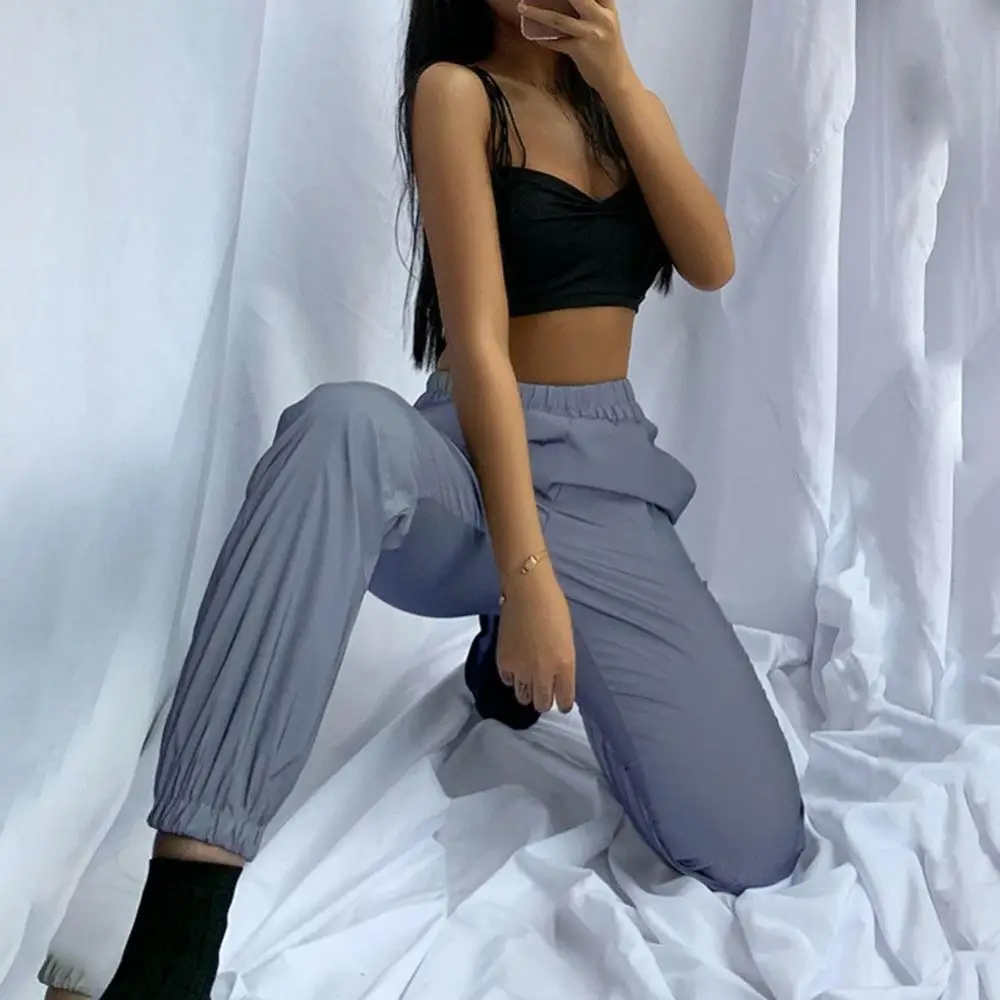 Long High Waist Trousers Pants Elastic Women Baggy Reflective Waist Ankle Tie Trousers