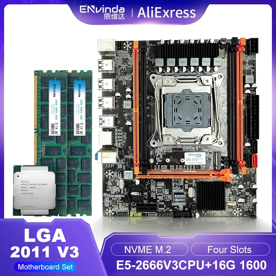 

ENVINDA D4 Motherboard Set Kit Xeon E5 2666V3 CPU Processor LGA 2011-3 16G DDR3=2x8G 1600 ECC RAM Combo SATA NVME M.2 USB3.0 X99