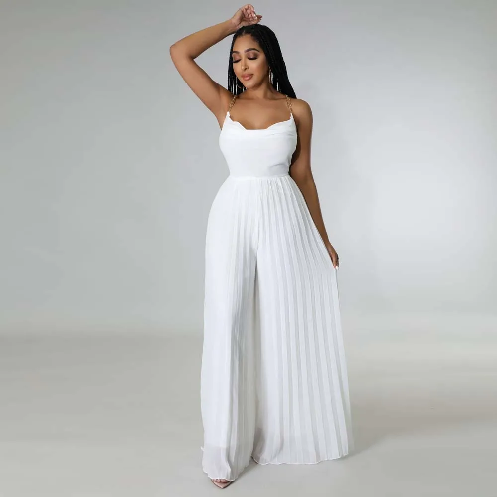 

Sexy Backless Chain Pleated Solid Color Wide Leg Jumpsuit Vacation Casual Solid Color Jumpsuit Multicolor Female 2022 Summer