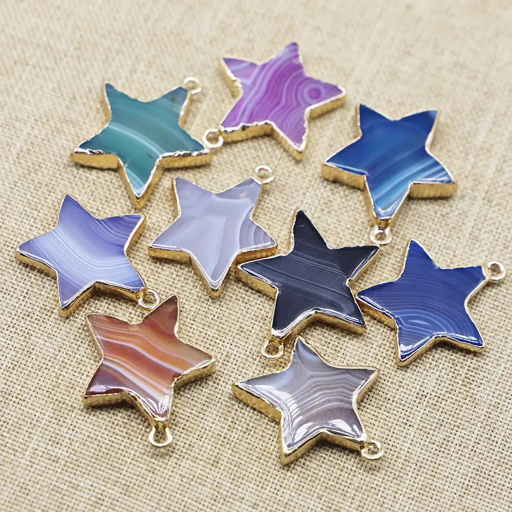 

Natural Stone Slice Agate Gilded Edge Pentagram Star Pendant Mineral Healing Reiki Charm Make Jewelry Accessories Wholesale 8Pcs