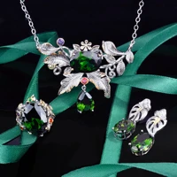 foydjew italian retro simulated emerald jewelry sets for women pinkgreen crystal pendant necklaces drop earrings rings set
