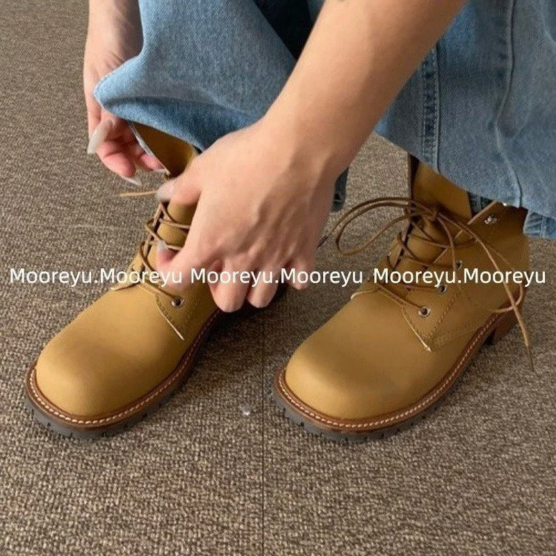 

2022 New Woman‘s Motorcycle Boots Genuine Leather British Style Square Heel Round Toe Lace Up Womens Boots Zapatos De Mujer