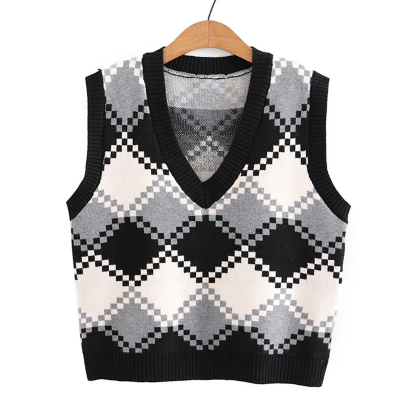 

Женский свитер-жилет с рисунком ромбиками, трикотажный пуловер контрастных цветов с V-образным вырезом без рукавов, одежда оверсайз, весна 2023