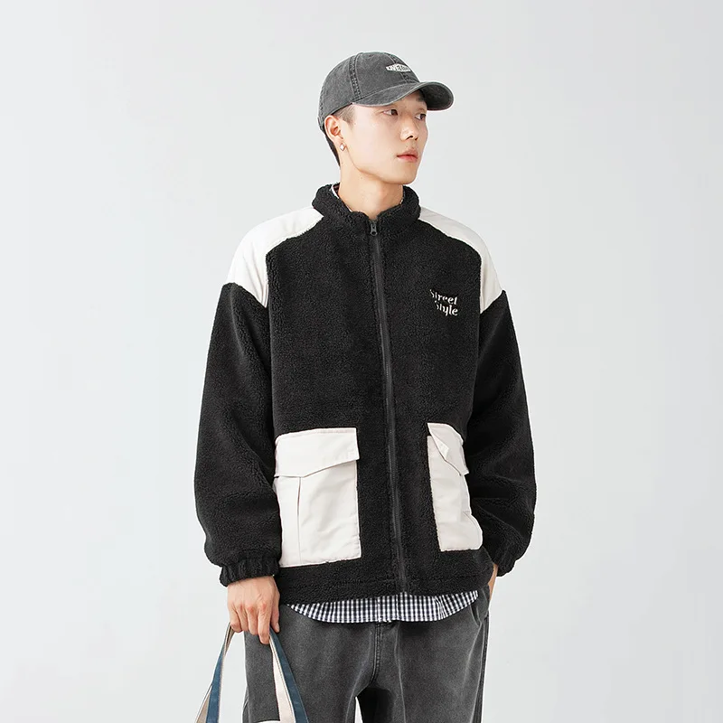 LUCLESAM Men's Stand Collar Lamb Wool Cotton Coats Stitching Contrast Color Pockets Autumn/Winter New Retro Casual Down Jacket