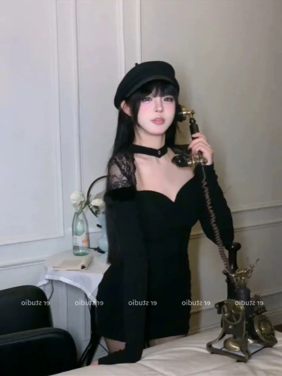 Pure Sexy Lace Furry Patchwork Hollow Long sleeve dress Women Winter New Waist Hugging Hip Skirt Short