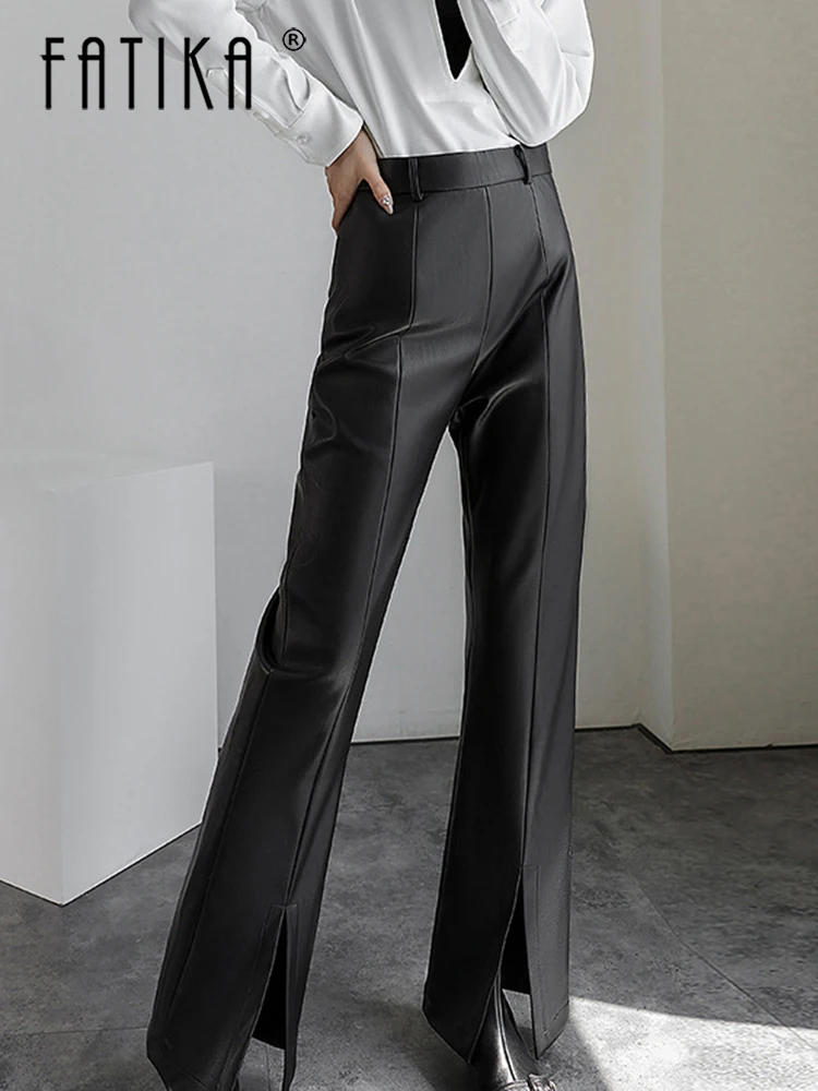 

Fatika Soild Pu Pants High Waist Straight Leather Split Trousers Women Zipper-Up Casual Bottoms Female Autumn Spring