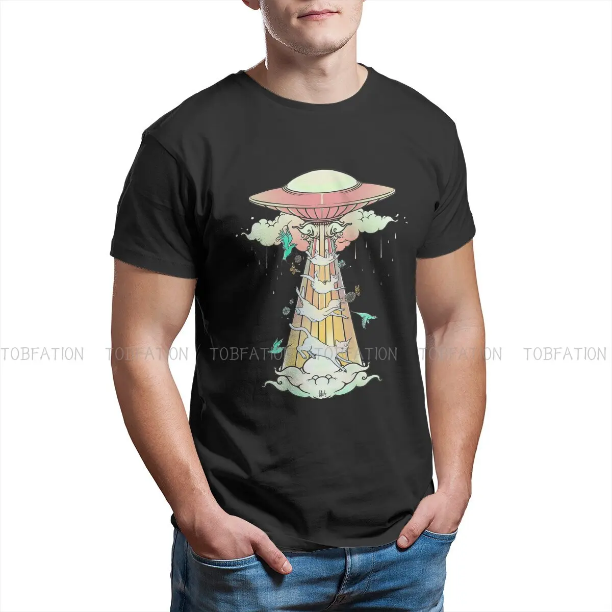 

UFO Abducting Cats Surreal Alien Art Round Collar TShirt Area 51 Information On The Roswell Incident Pure Cotton Basic T Shirt