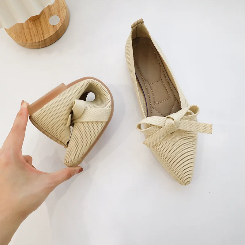 2022 Color Match Women Flat Shoes Bowknot Pointed Toe Shallow Mesh Flat Shoes Mesh Loafers Soft Bottom Ballet Shoes Single Shoes