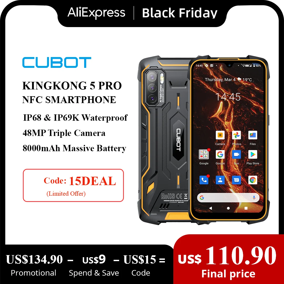 Cubot KingKong 5 Pro IP68/IP69K Waterproof Smartphone Rugged Phone 8000mAh 48MP Triple Camera Android 11 NFC 64GB Global 4G LTE