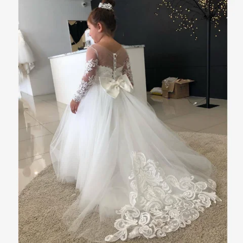White Flower Girl Dress Pearl Lace Princess Dress for Girl Sleeveless First Communion Dresses Child Wedding Party Dress