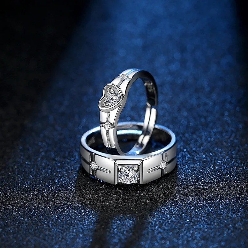 Romantic Heart Couple's Rings Simple Style Zircon Stone Opening Ring Band Lovers Finger Ring Wedding Set Valentine's Day Present