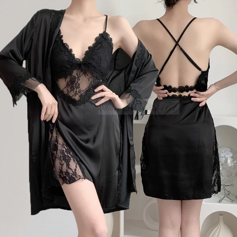 

Female Sleepwear Sexy Nighty&Robe Nightgown Set Patckwork Lace Hollow Out Nightdress Nightwear Casual Satin Bathrobe Home Wear