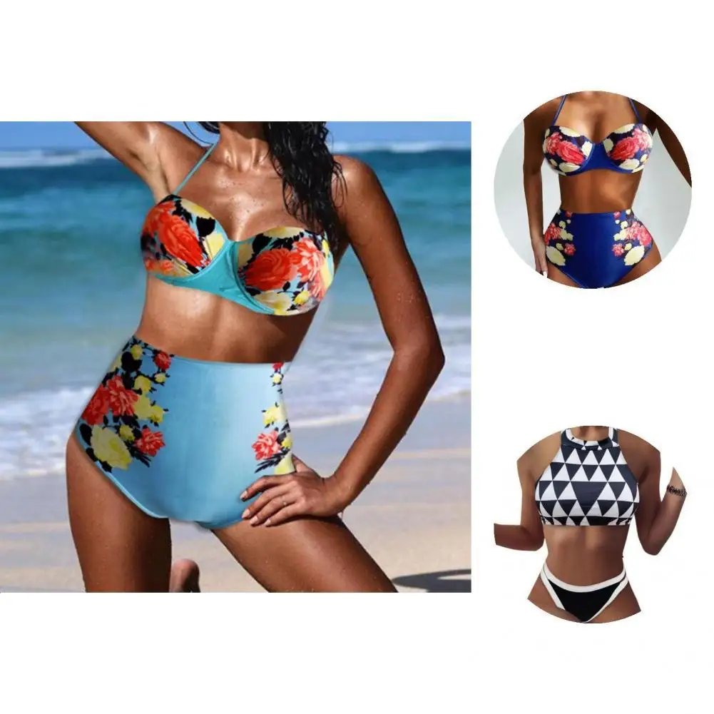 

Flower Print Halter Neck Wear-resistant Summer Women Swimsuit for Vacation