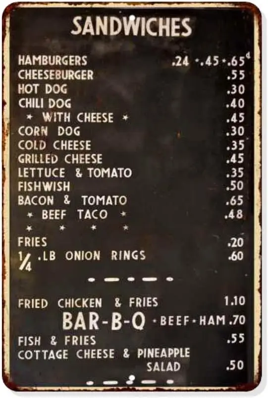 Menu Dner 1940's Sgn Resturnt Decor Sgns 50s Decorton Retro Home Vntge Plque Wll rt Tn Ktchen Lunch Gft 8x12 Metl 10812