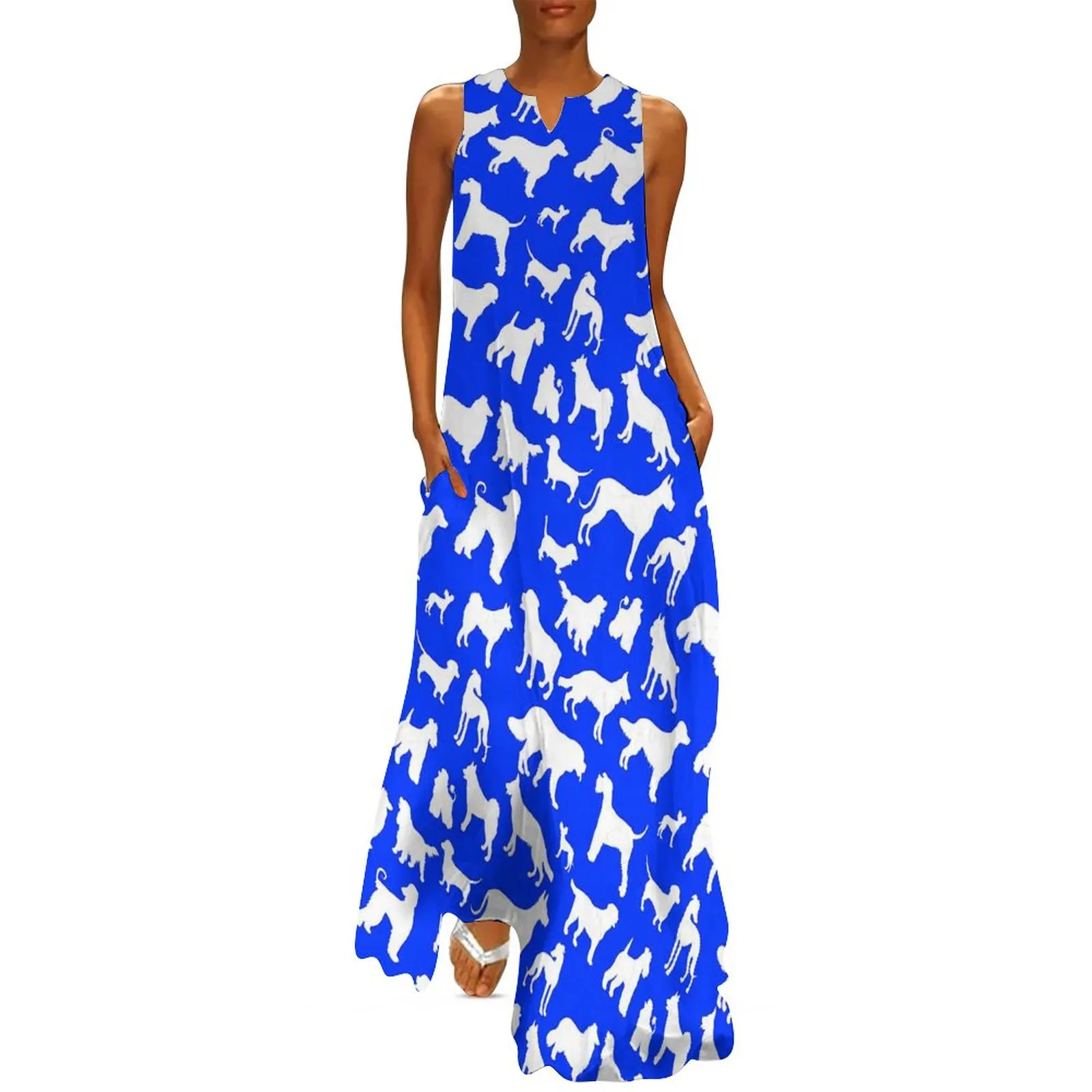 

Платье женское длинное летнее с принтом собаки, 3XL, 4XL, 5XL