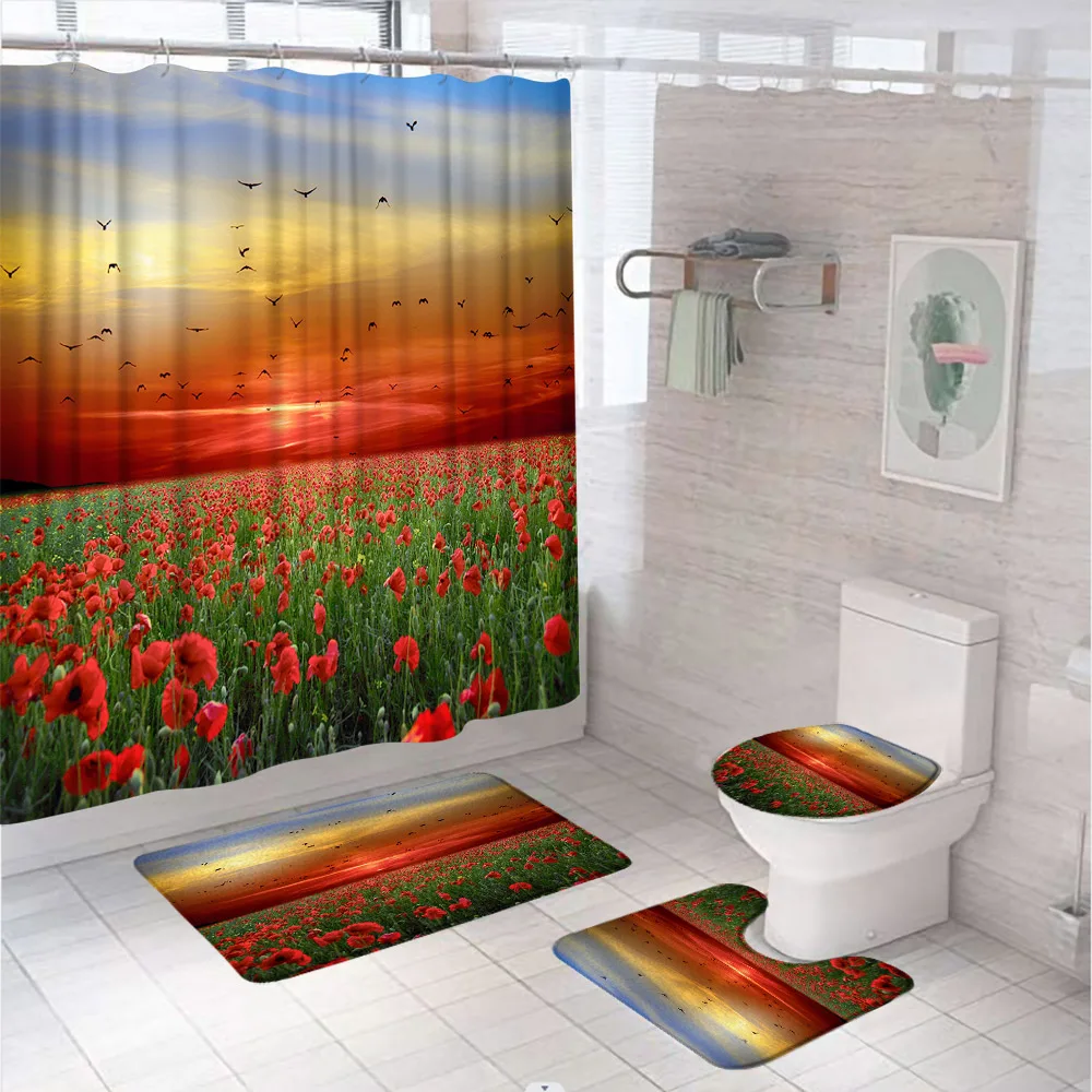 

Red Flower Country Sunset Scenery Shower Curtain Set Bat Floral Field Bathroom Screen Anti-slip Rugs Bath Mat Toilet Seat Cover