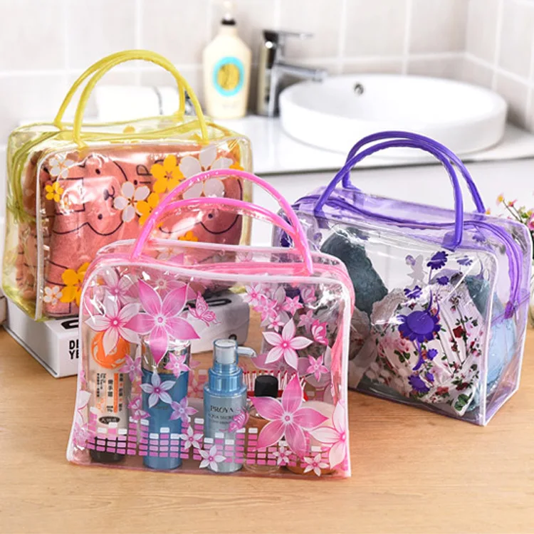 

Waterproof PVC Cosmetic Storage Bag for Women Floral Transparent Wash Bag Creative Home Outing Compressed Shower Bag