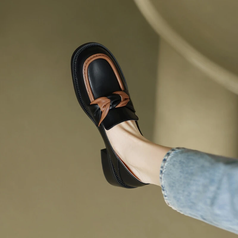 

2023 Spring Women Loafers Round Toe Chunky Heel Women Shoes Split Leather Shoes for Women Retro Weave Mixed Colors Women Pumps
