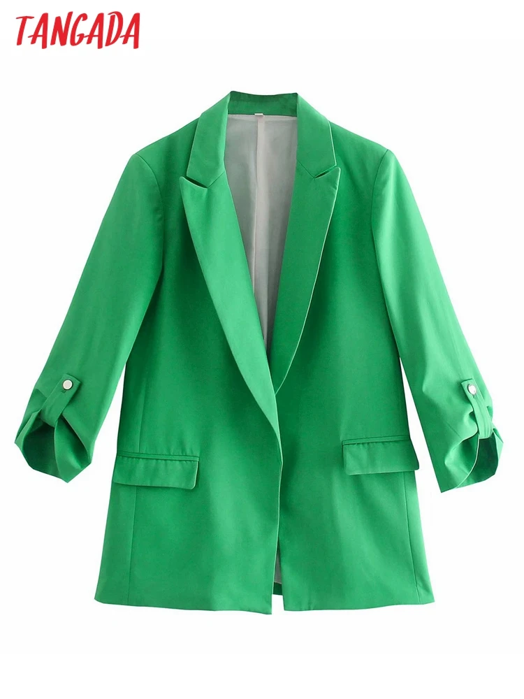 

Tangada Women Green Blazer Coat Vintage Notched Collar Pocket 2022 Fashion Female Casual Chic Tops 4M94