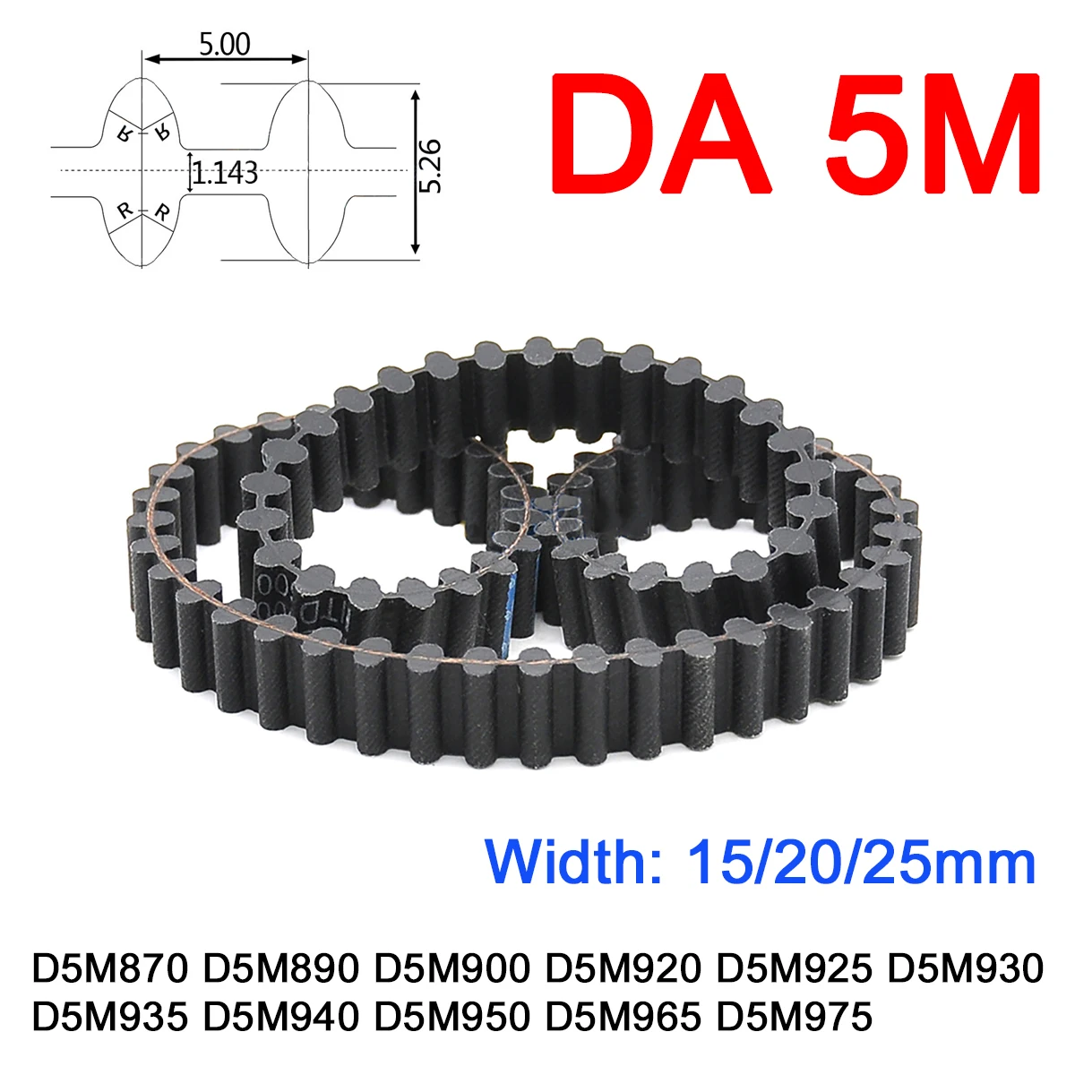

1Pc Width 15mm 20mm 25mm DA-5M Rubber Arc/Trapezoid Tooth Double Side Timing Belt Pitch Length 870 - 975mm Double-sided Toothed