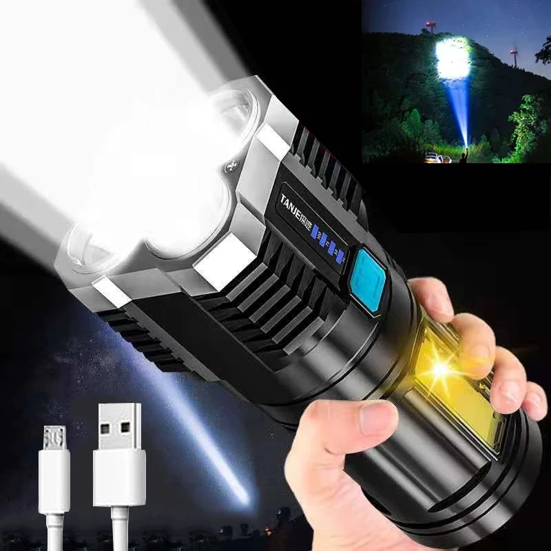 

4-core Super Bright Flashlight Rechargeable Outdoor Multi-function P1000 Led Long-range Spotlight Battery Display COB Light