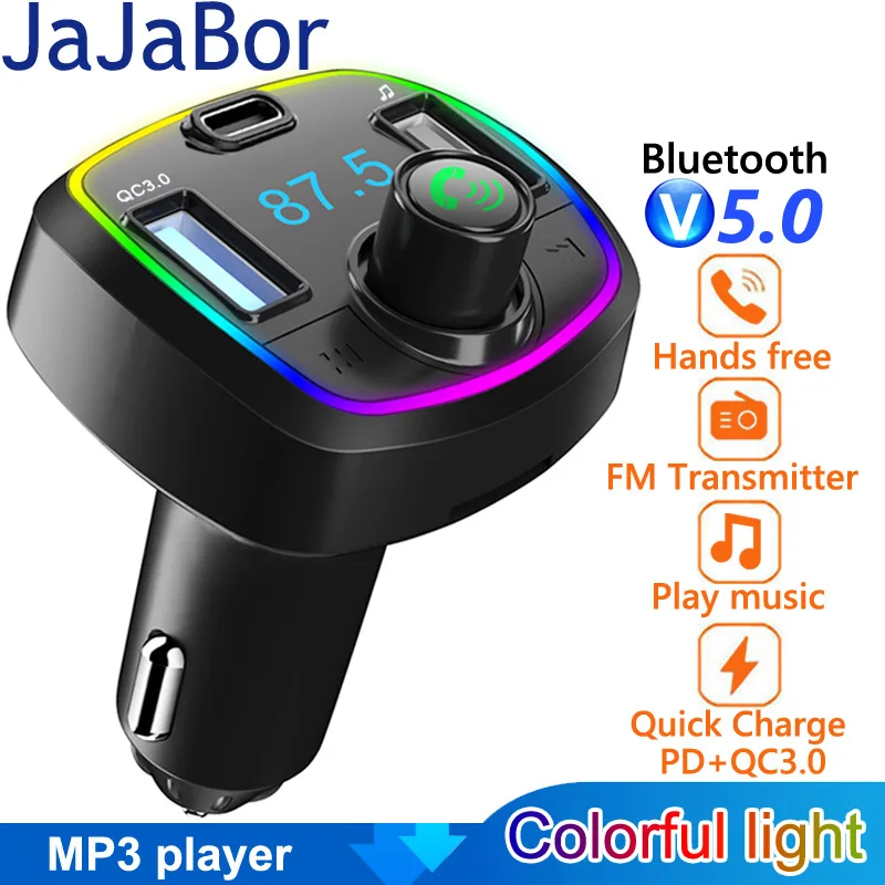

JaJaBor Car Bluetooth 5.0 FM Transmitter MP3 Player Audio Receiver PD 18W QC3.0 USB Fast Charging Handsfree Car Kit FM Modulator