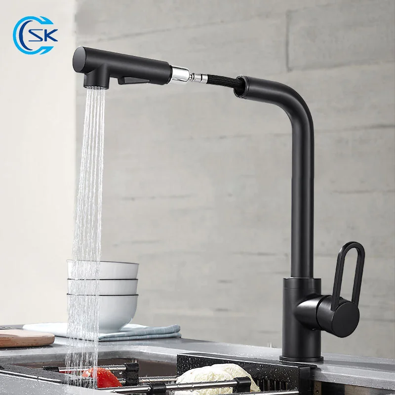 

Black/Chrome Pull Out Spout Kitchen Faucet Brass Cold Hot Water Mixer Tap 360° Rotation Deck Mounted Sink Faucet 2 Modes Head