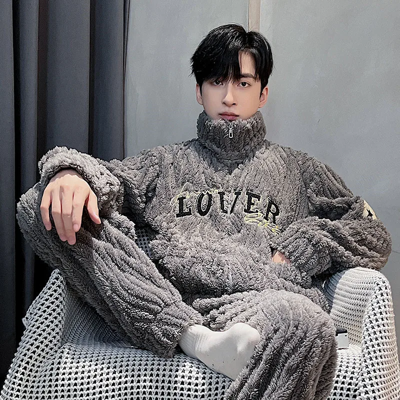 QUHENG Winter Man Collar Pajamas Set Warm Flannel Home Clothes Coral Fleece Sleepwear Thick Warm Nightwear Large Size Pyjama