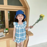 childrens clothing 2022 summer new childrens cotton and linen two piece suit small and medium children and girls plaid vest sh