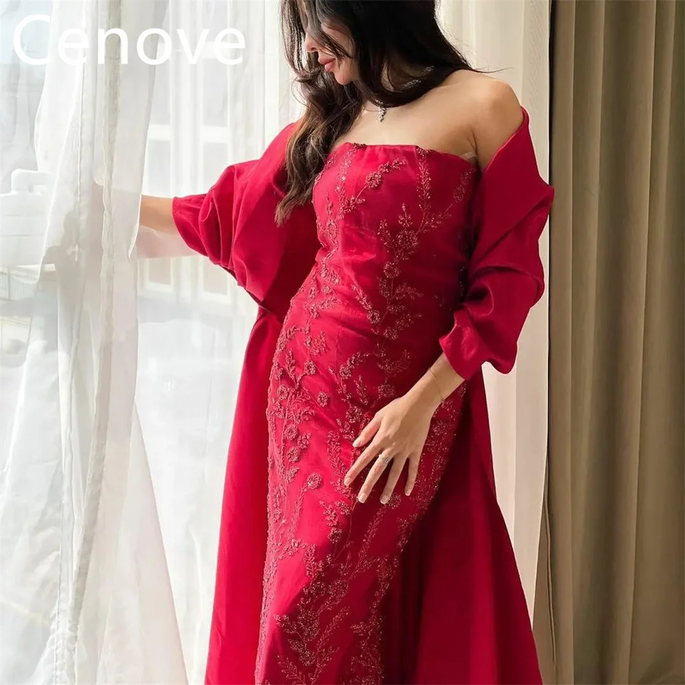 

Cenove Red Strapless Prom Dress Tight Ankle Length With Shawl Long Sleeves Evening Summer Party Dress For Women2023