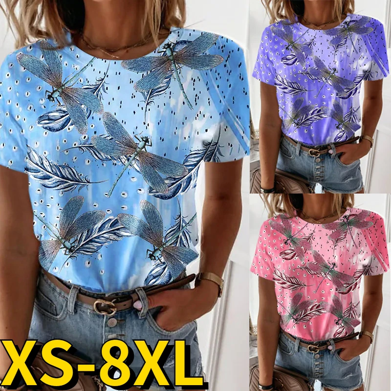 

2022 Women's Fashion Round Collar Dragonfly Printed Short Sleeve Loose Sexy T Shirt Summer Women's Comfortable Temperament Top