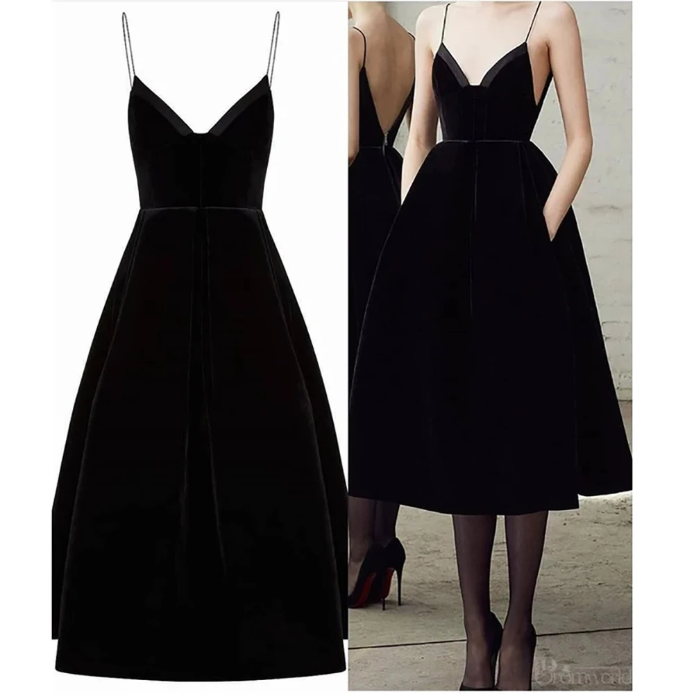 

Black Long Homecoming Dresses Spaghetti Straps V-Neck Formal Party Gown Satin Evening Party Dress