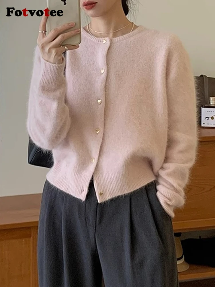 Женский Укороченный кардиган Fotvotee модный вязаный розовый свитер в Корейском