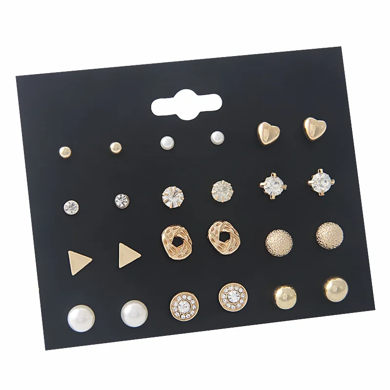 

Trendy 12 Pairs/Set Cute Triangle Crystal Heart Stud Earrings for Women Ball Simulated Pearl Flower Brincos