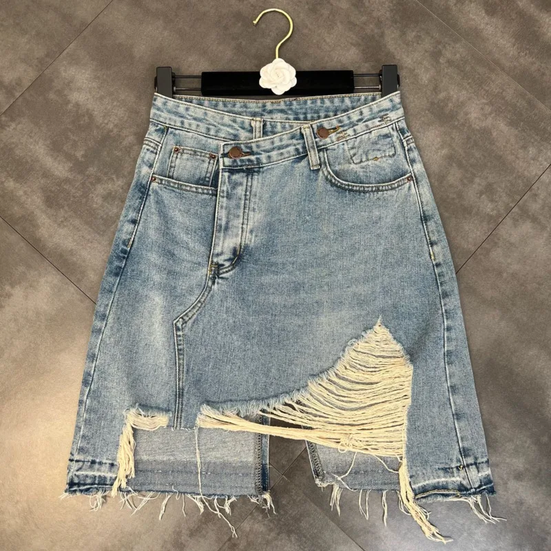

PREPOMP 2022 Spring New Arrivals Skew Waist Ripped Hholes Tassel Blue Short Mini Slimm Bodycon Skirt Women GD966