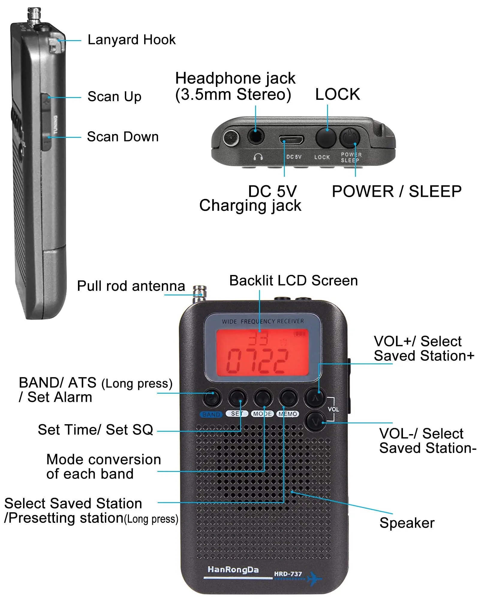 Radio Portable VHF FM AM SW With Speaker and Air Band Receiver Battery Full Digital With Alarm Clock Sleep enlarge